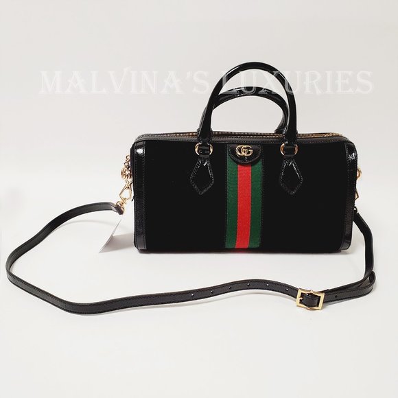 GUCCI BAG 524532 OPHIDIA BOSTON BLACK SUEDE WEB STRIPE GG LOGO CHARM - Picture 10 of 16
